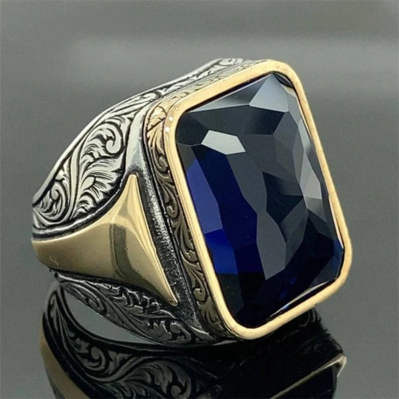 Retro Bicolor Square Rings with Blue Zirconia